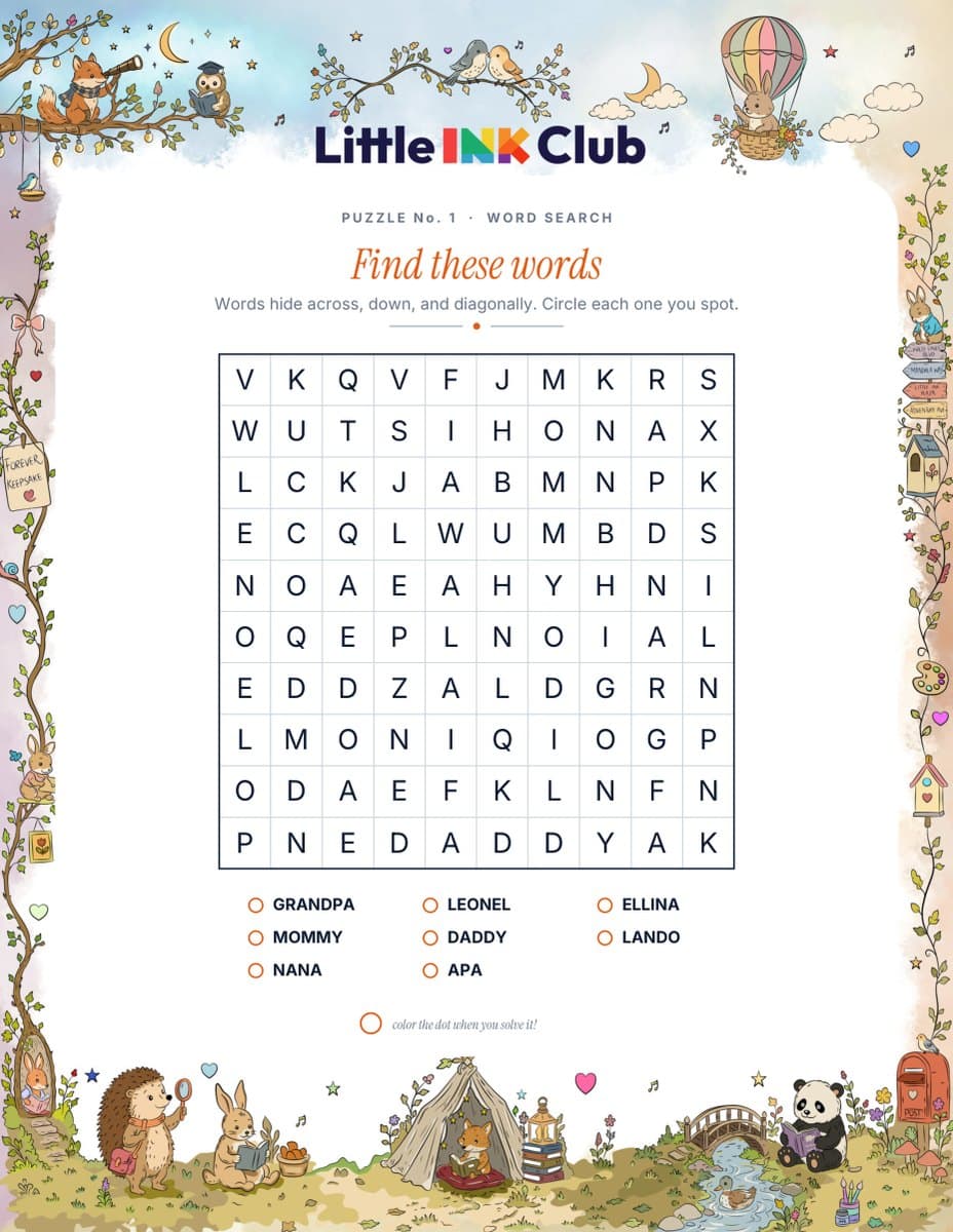 A word search made with a family's names