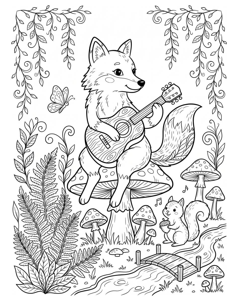 A fox playing the guitar, a coloring art page
