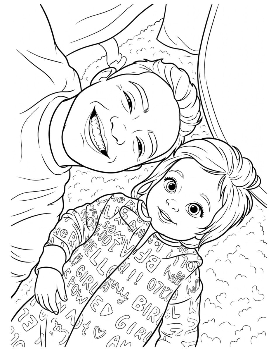 The same dad and toddler as a coloring page
