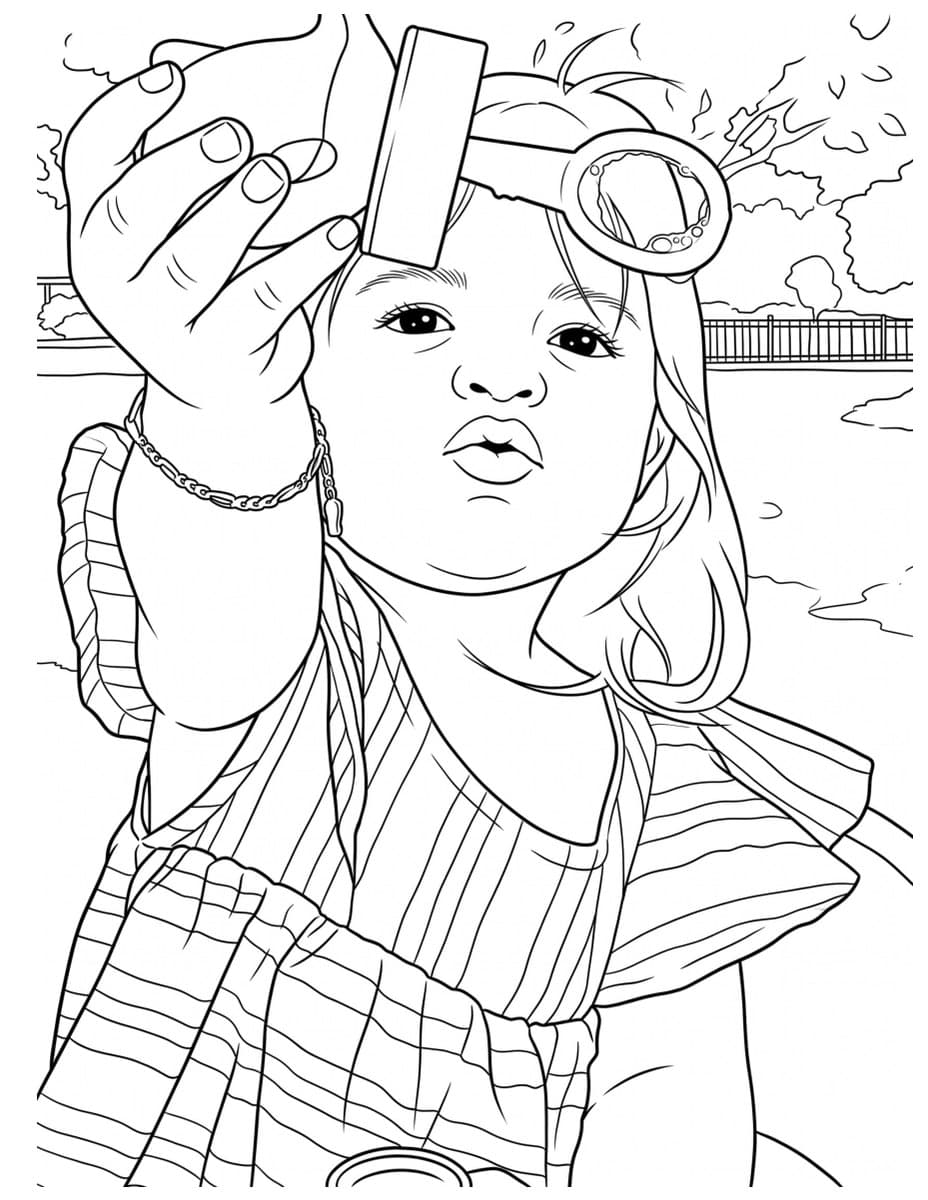 An Activity Book page: a toddler holding a toy up to the camera