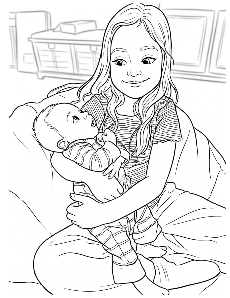A big sister cradling a newborn, as a coloring page