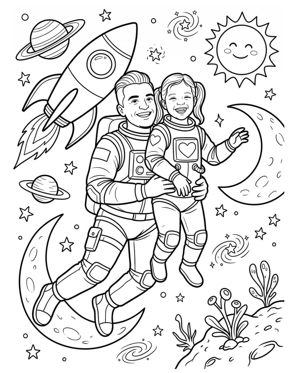 A dad and his daughter as astronauts on a space adventure
