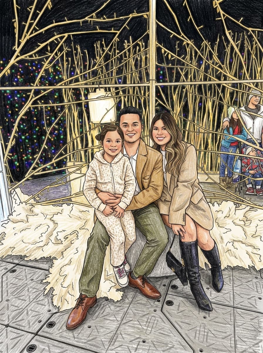 A family of three under twinkling holiday lights, made into a Little Ink Club coloring page and colored in
