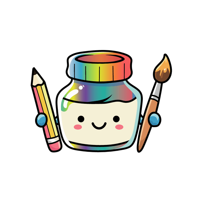 The Little Ink Club ink jar mascot, holding a pencil and paintbrush