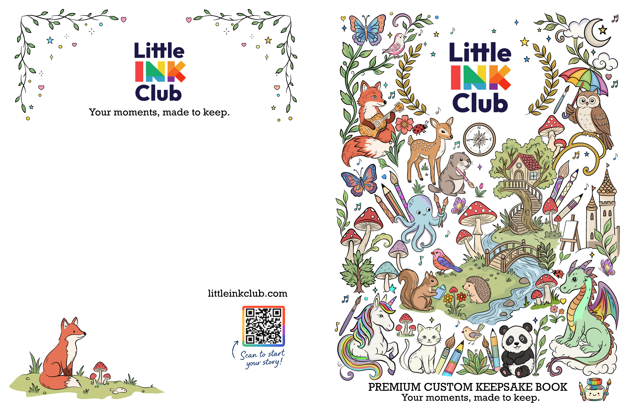 A coil-bound Little Ink Club coloring book, its cover colored in